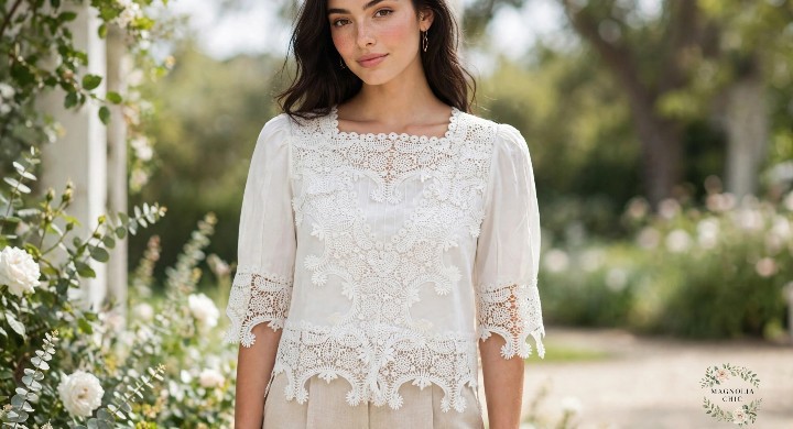 Blusa Sastrera Romántica "Sofía" con Pechera de Encaje Richelieu