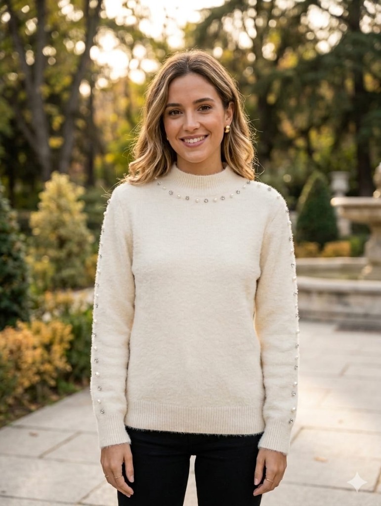 Sweater Soft "Emma" con Detalles de Perlas en Cuello y Mangas