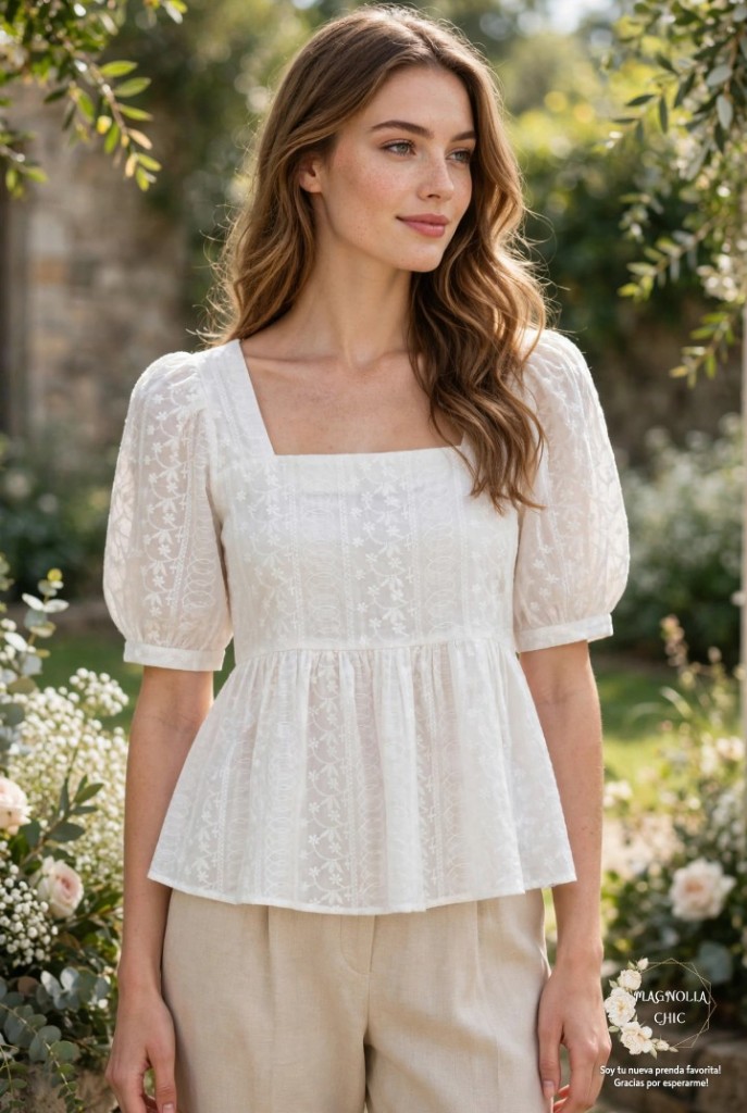 Blusa Peplum "Clara" con Bordado Suizo y Mangas Globo