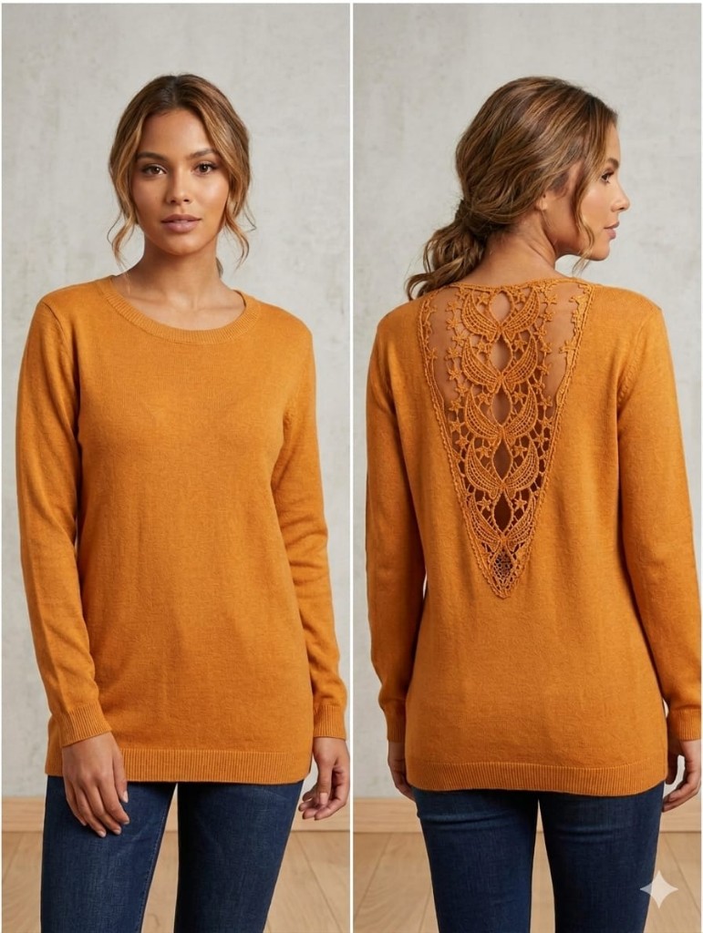 Sweater Fino con Espalda de Encaje Crochet