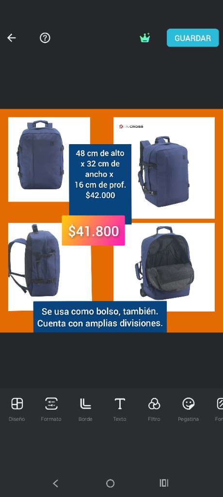 Mochila/bolso amplio espacio. Impermeable.