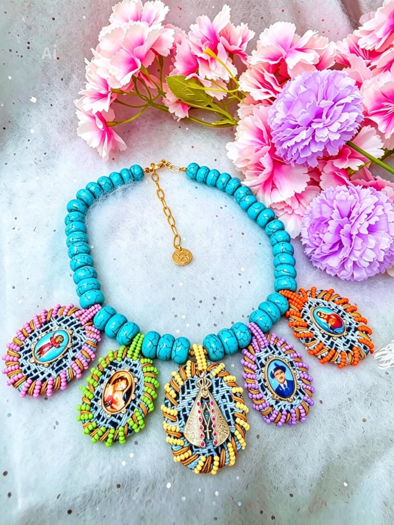 Maxi collar de piedra turquesa con dijes religiosos bordados a mano