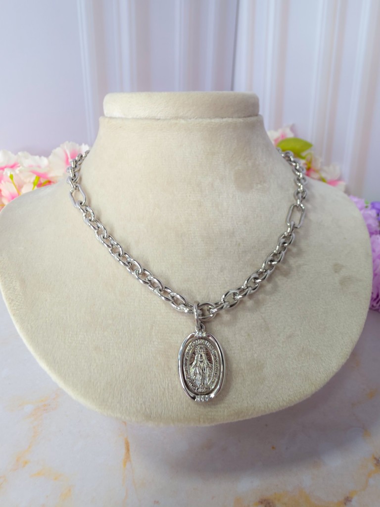 Cadena plateada de níquel eslabones grande medalla Virgen la Milagrosa