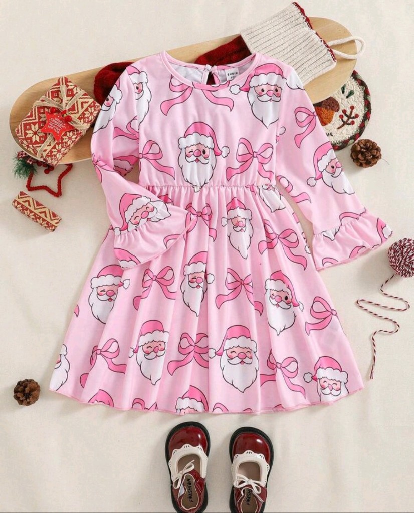 Vestido casual de niña, con estampado de Santa Claus, ideal para uso en dia festivo o reunión por las tardes ✨️