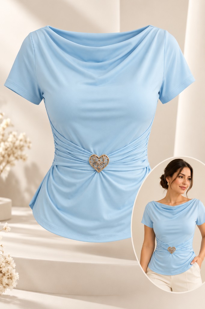 Blusa Luciana celeste drapeada