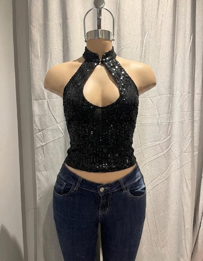 Top lentejuelas cuello mal boton