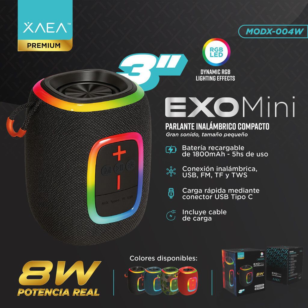 Parlante EXO MINI 8W (Bluetooth,USB,FM, auxiliar,etc.)