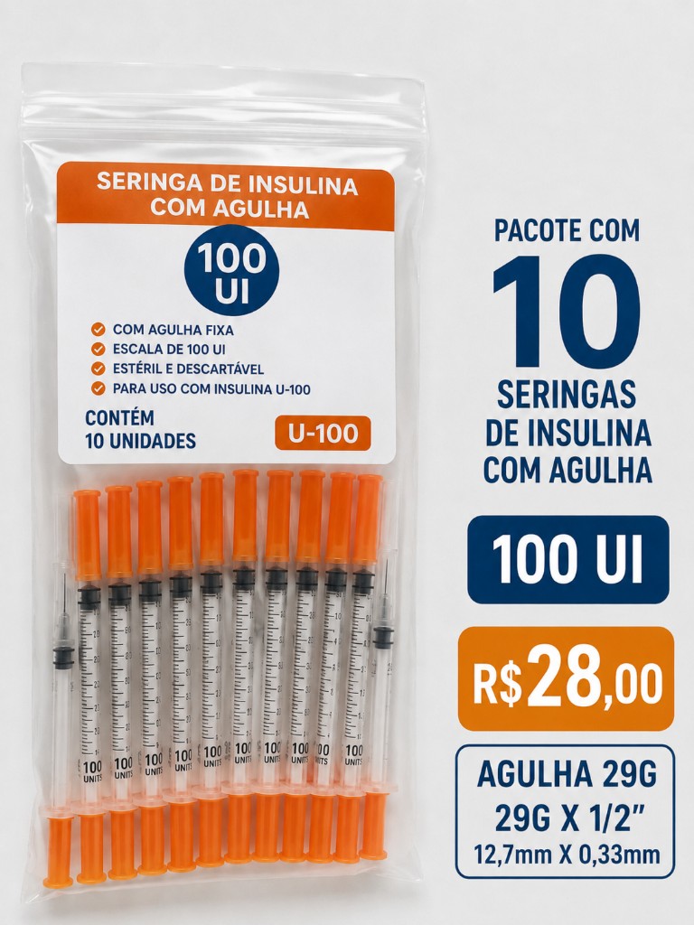 Pacote 10 unidades Seringa de insulina 100ui 1ml com agulha embutida
