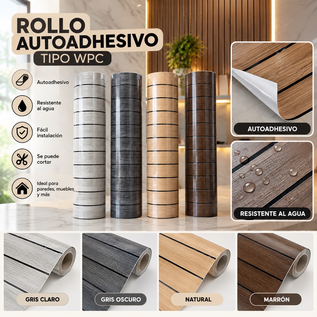 Rollo autoadhesivo simil WPC ripado 260x60
