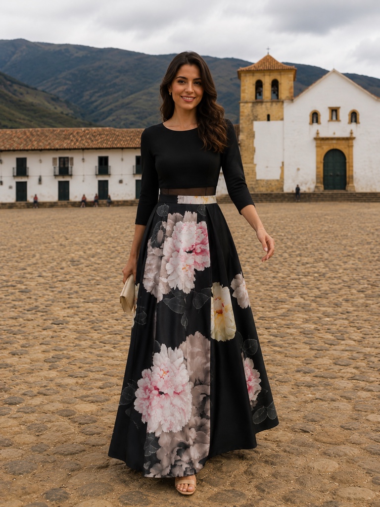 Vestido negro falda flores