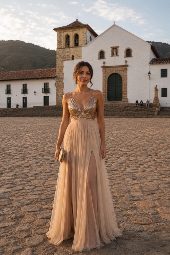 Vestido beige corpiño en lentejuelas