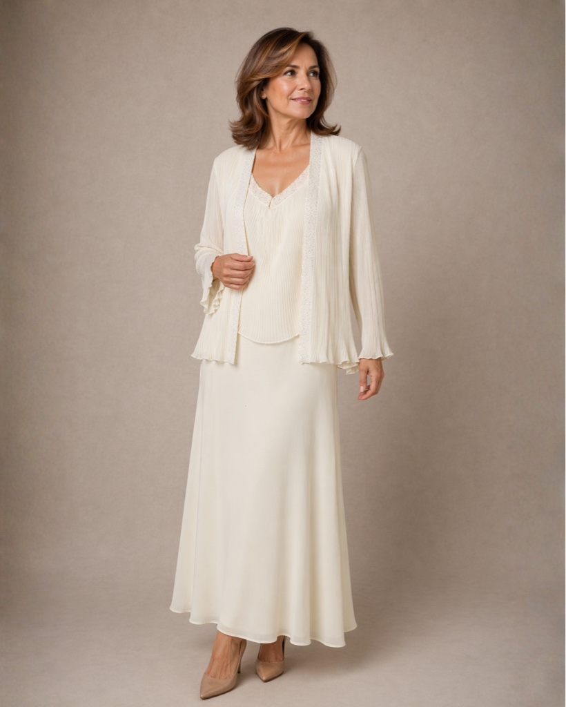 Vestido crema largo 2 piezas