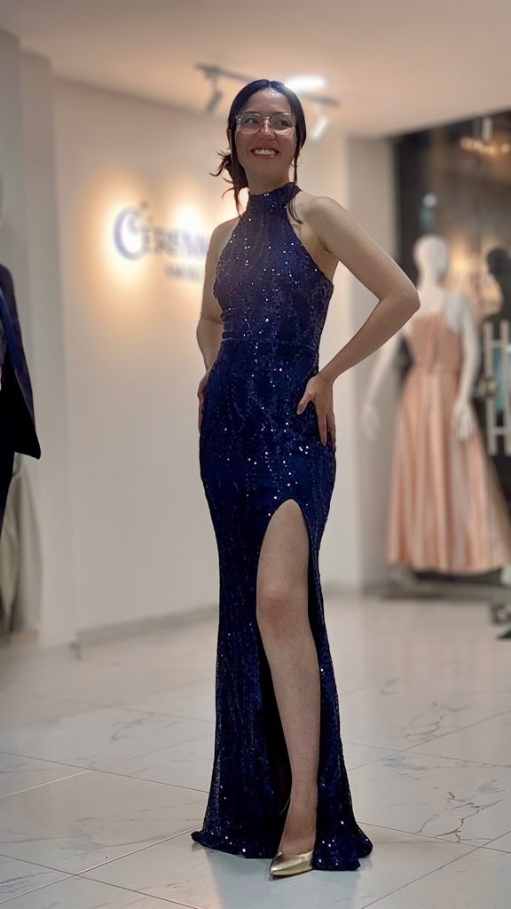 Vestido azul noche lentejuelas cuello halter