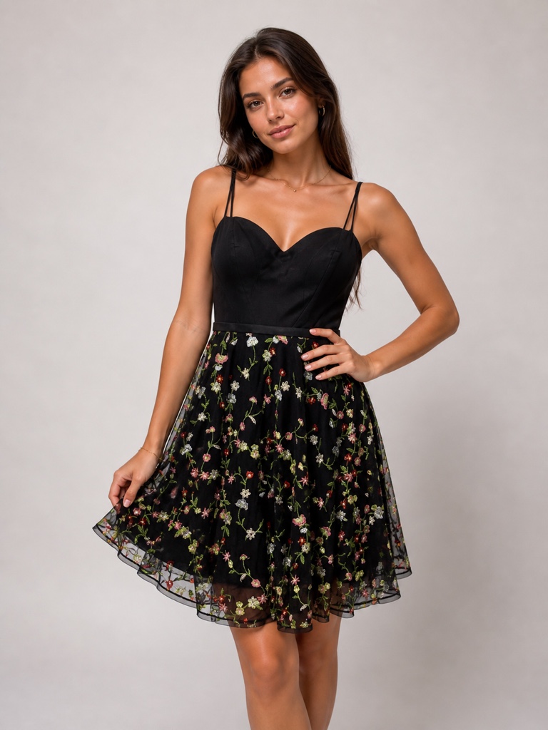Vestido corto negro floral