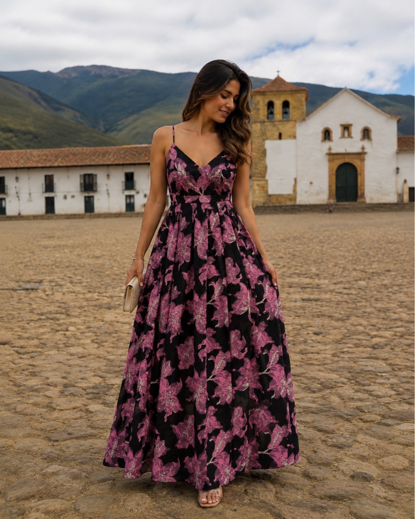 Vestido largo flores fondo negro