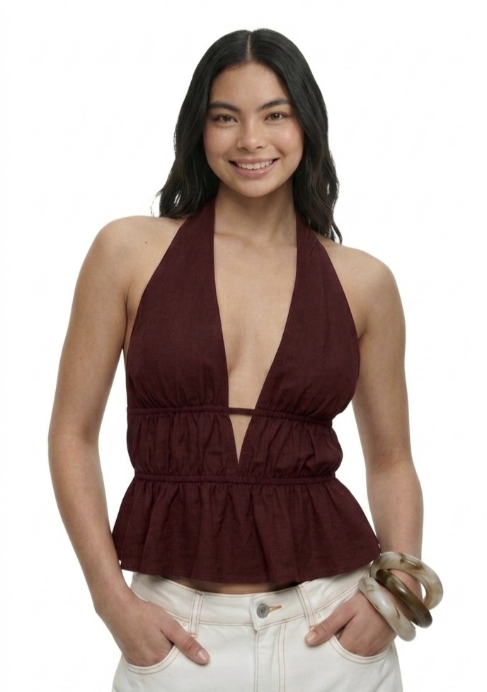 Blusa escote V vino tinto