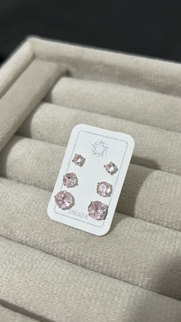 Brinco trio rosa cristal