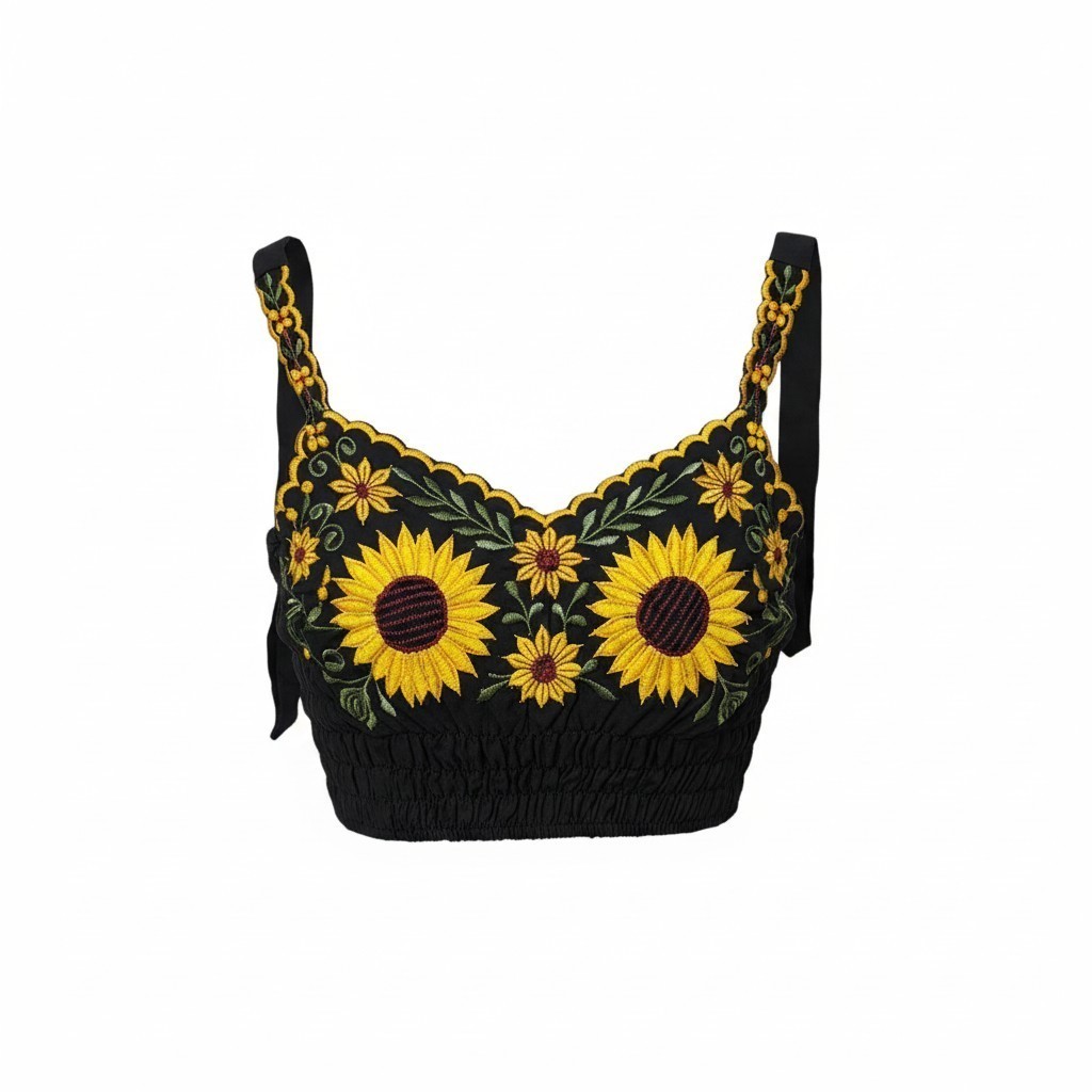 Top negro girasoles bordado tradicional Mexicano
