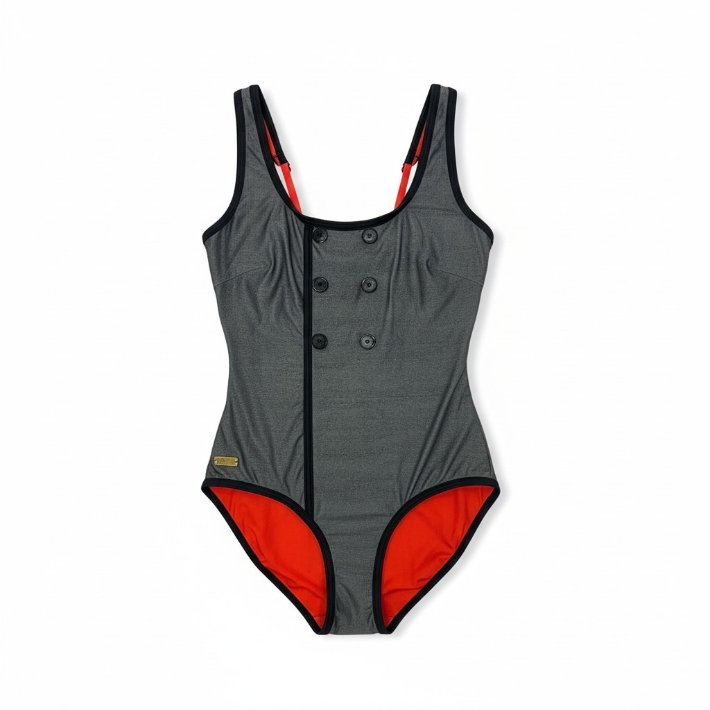 Traje de baño gris y rojo estilo 50's