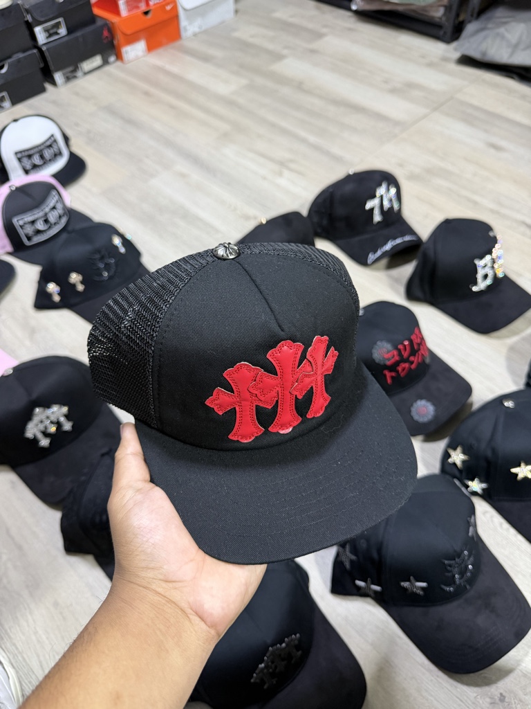 Chrome heart hats red crosses