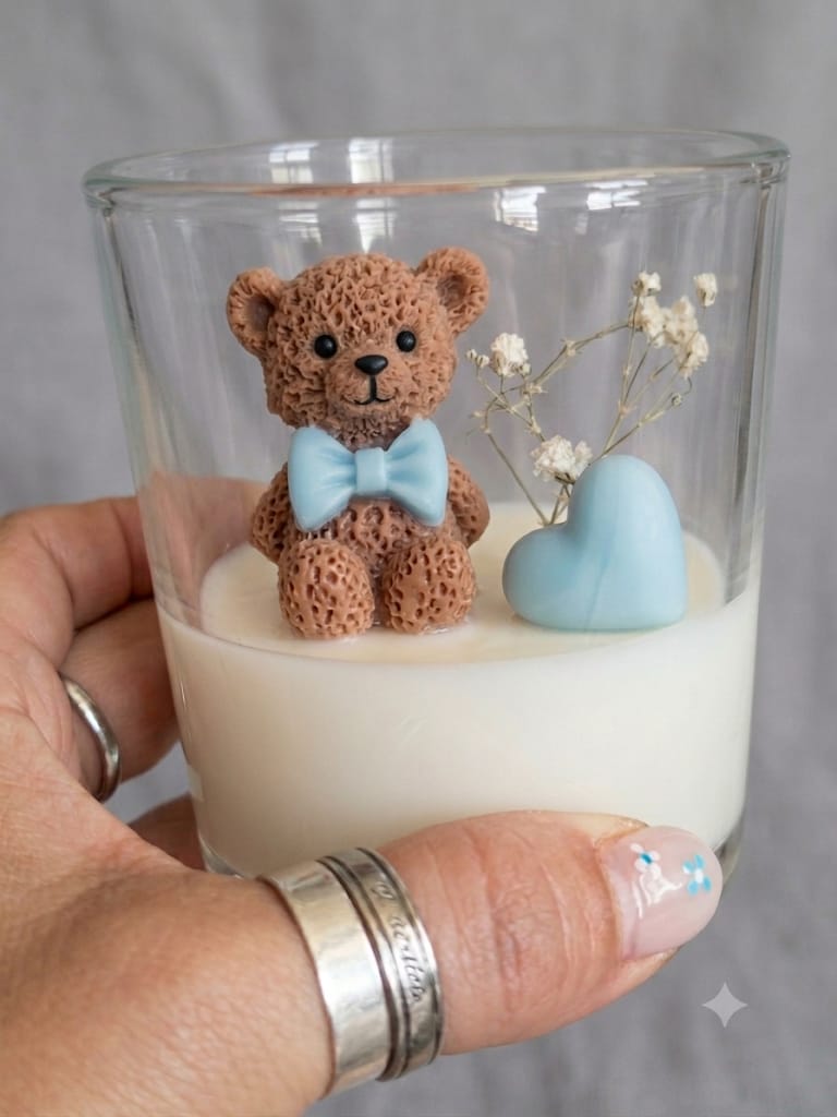 Vela decorativa en vaso de vidrio con oso y corazon