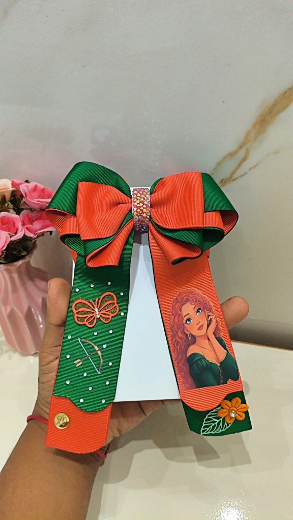 Laço princesa Valente (verde e laranja)