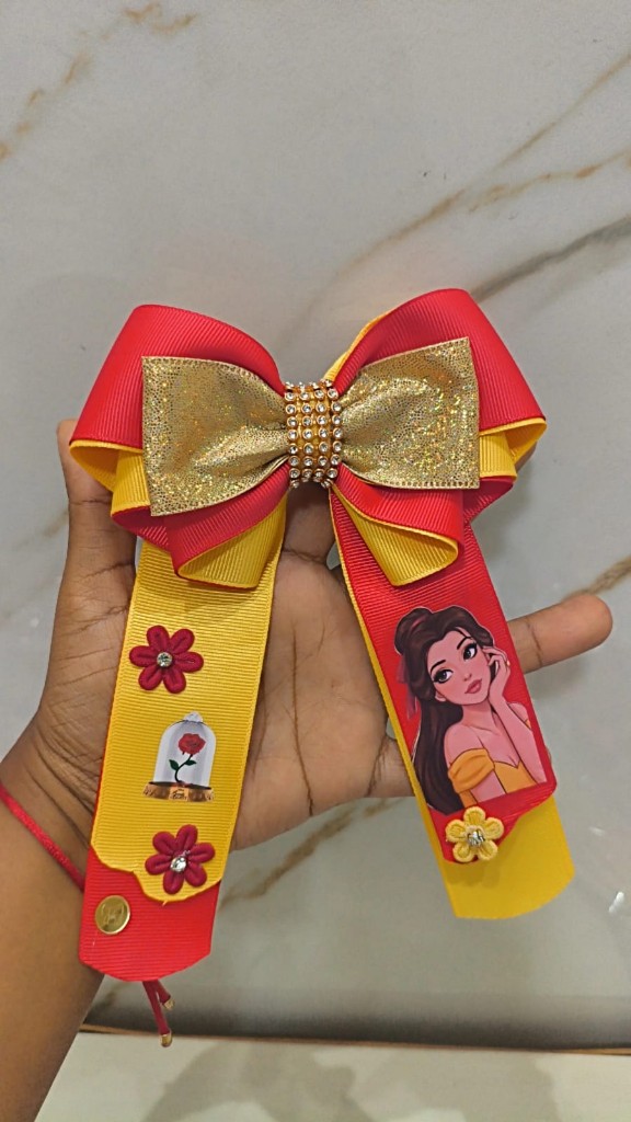Laço Bela vermelho e amarelo