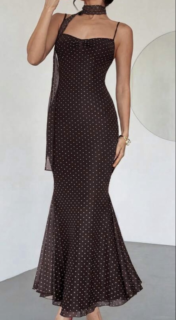 VESTIDO LARGO LUNARES  CAFÉ