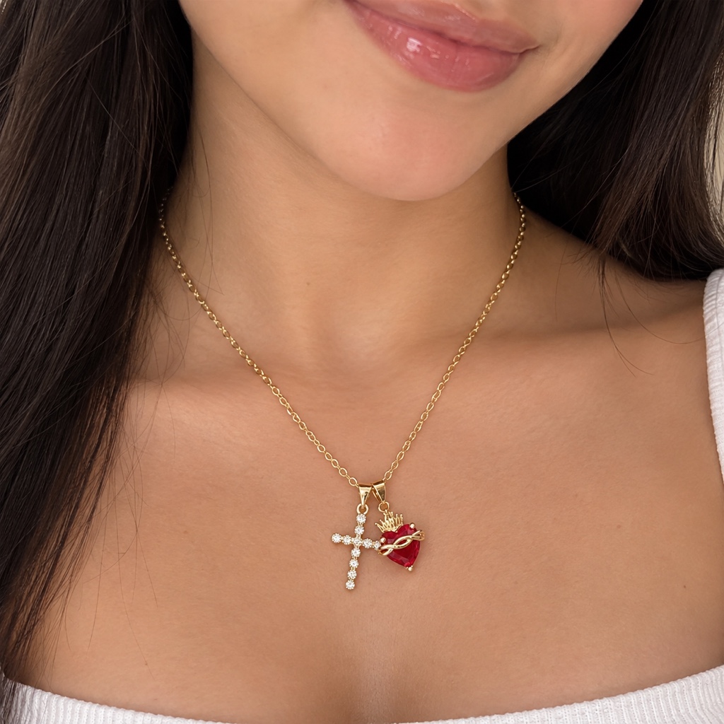 Collar Doble Dije Cruz y Corazón