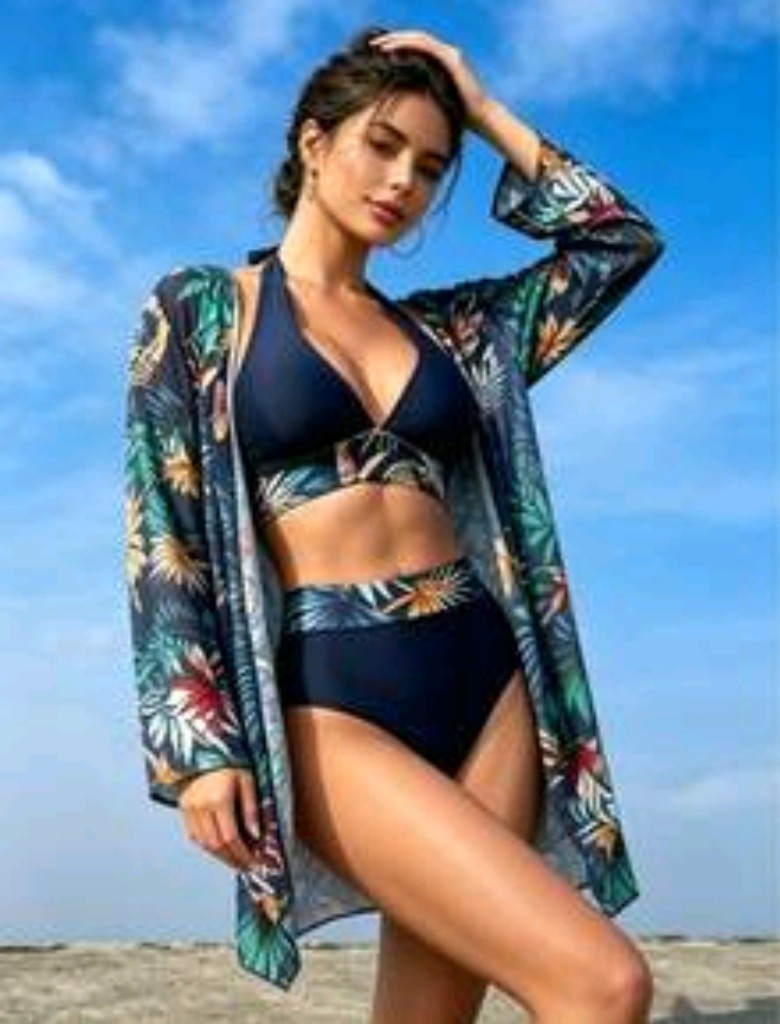 Bikini 3 piezas Talle L azul florado