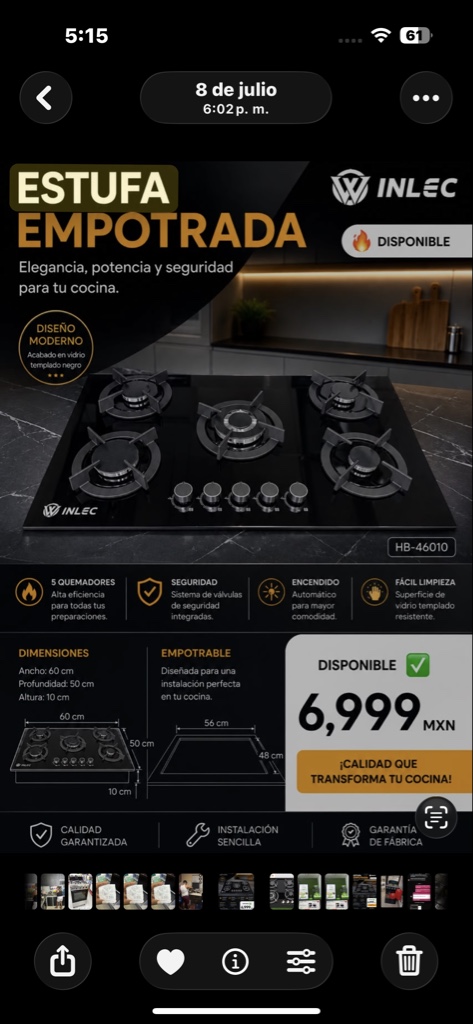 Estufa de gas cristal 5 hornillas inlec
