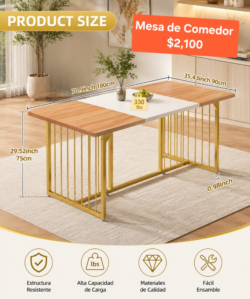 Mesa de comedor dorada 180cm