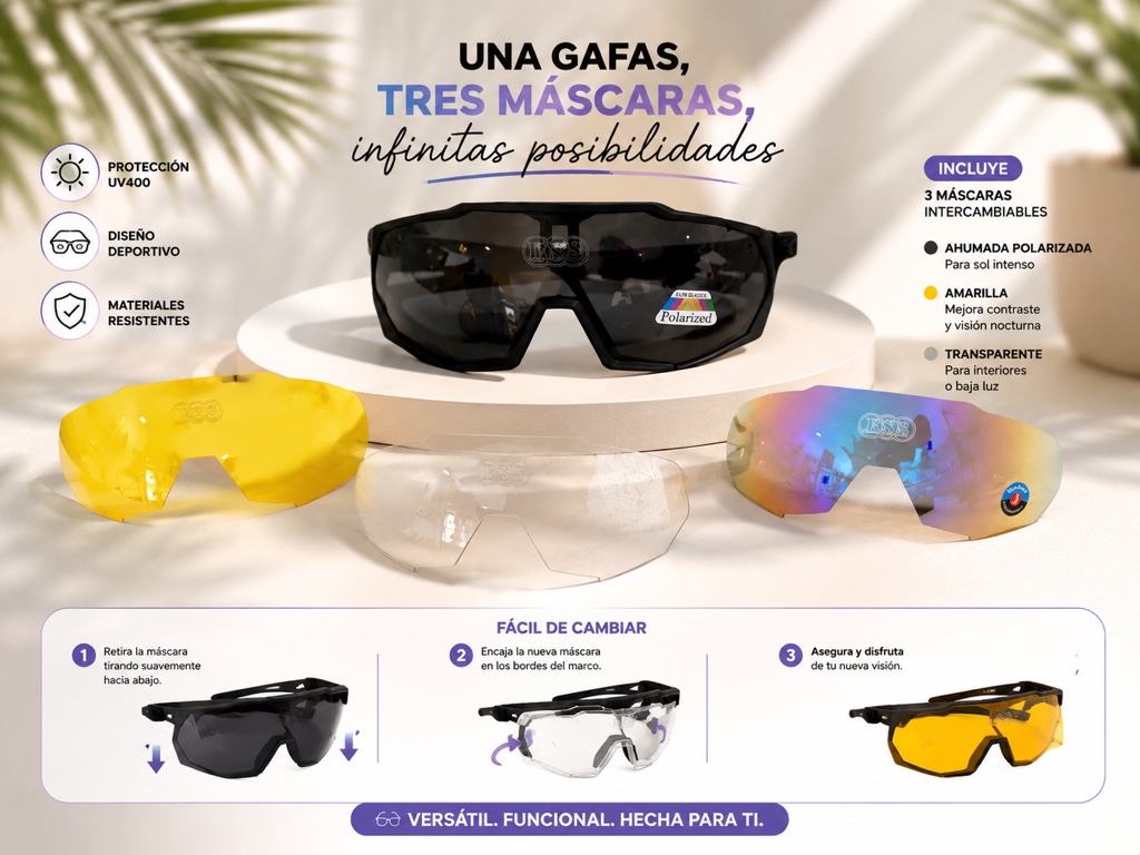 Gafas deportivas negras TSS con 3 máscaras