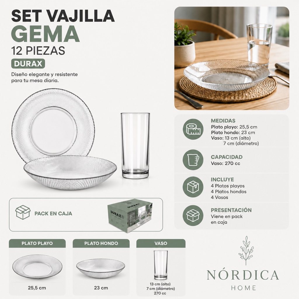 Set Vajilla de Vidrio 12 piezas