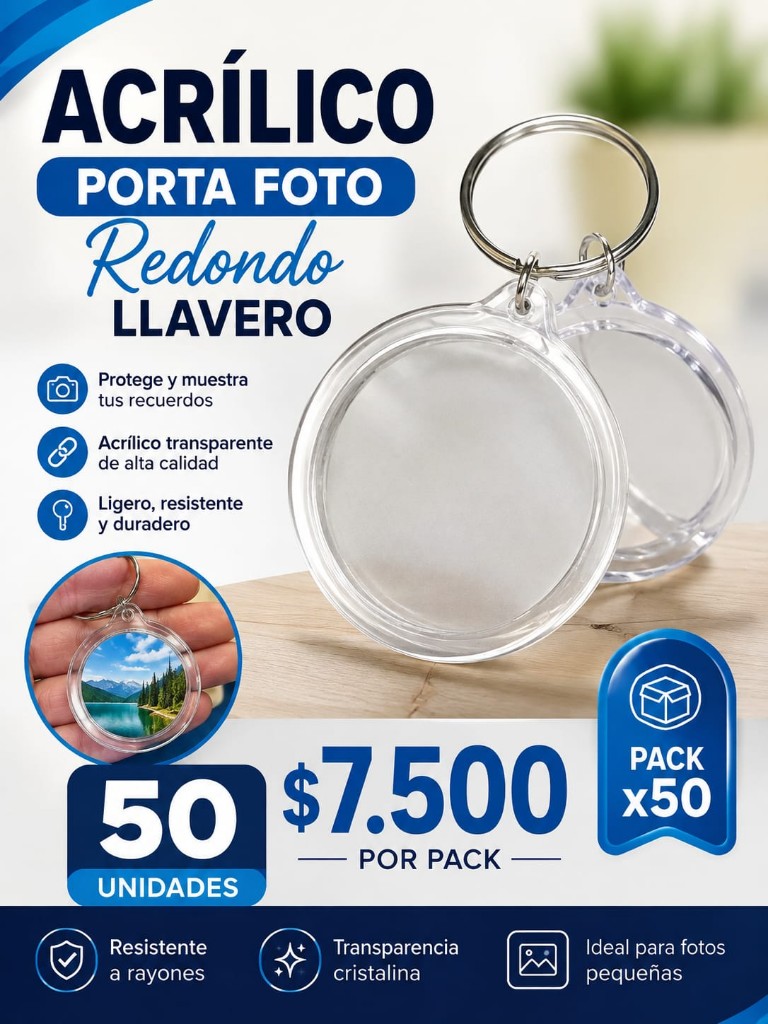 Llavero redondo 25 unidades  acrilico transparente porta foto