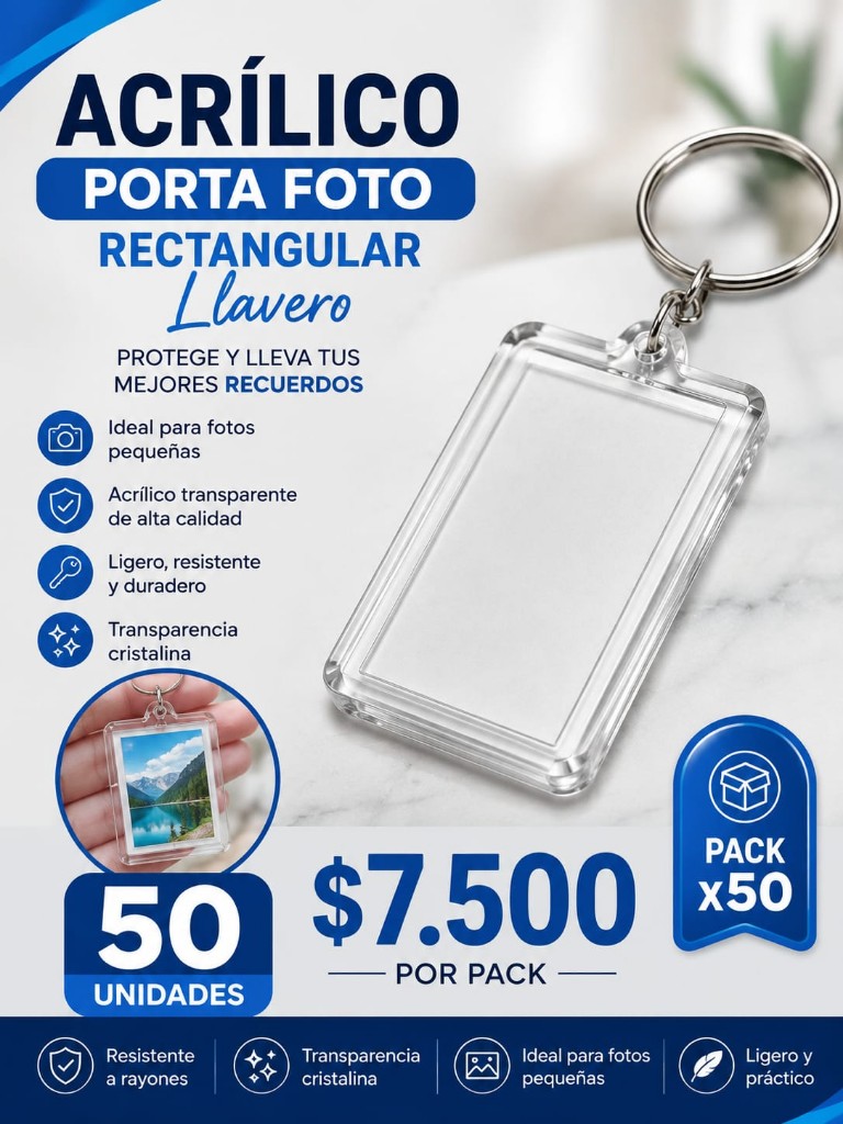 Llavero rectangular acrilico transparente con argolla 25 unidades
