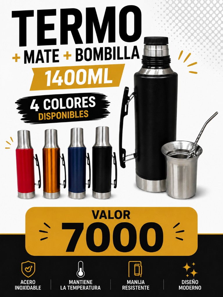 Thermo mate 1400ml 3 en 1 termo+mate+bombilla