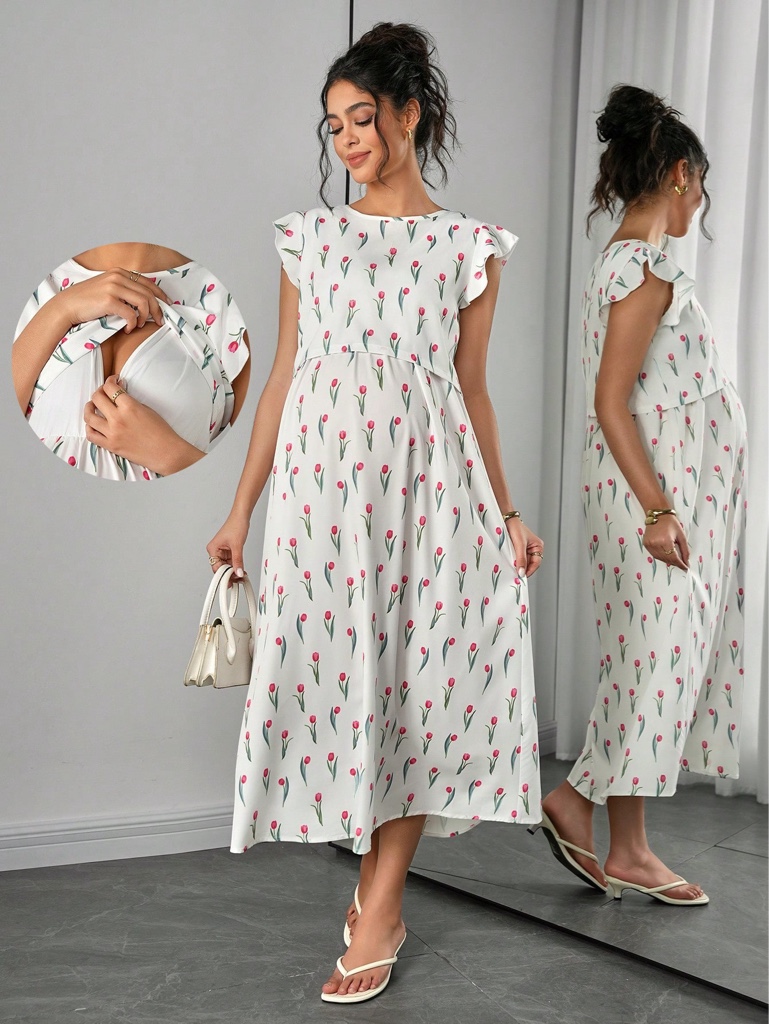 Vestido de maternidad blanco de tulipanes