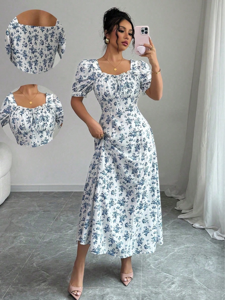 Vestido floral azul y blanco