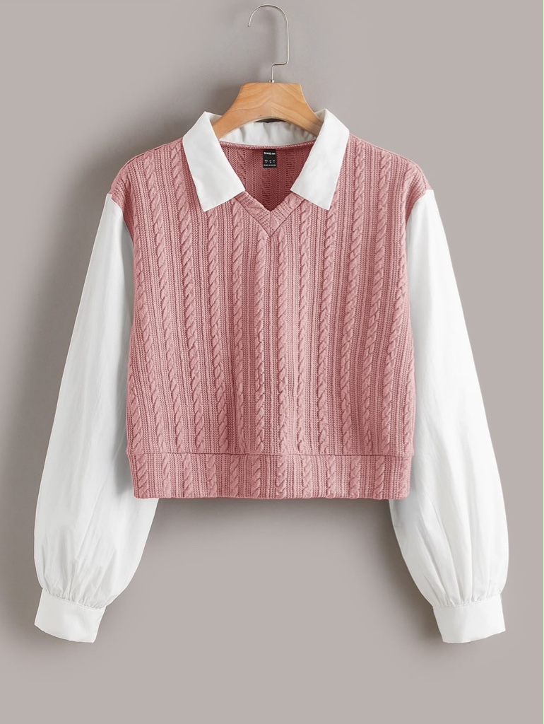 Blusa rosa tejido con cuello blanco