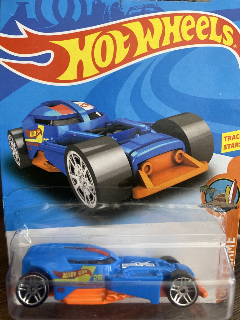 HotWheels auto azul-naranja de carrera