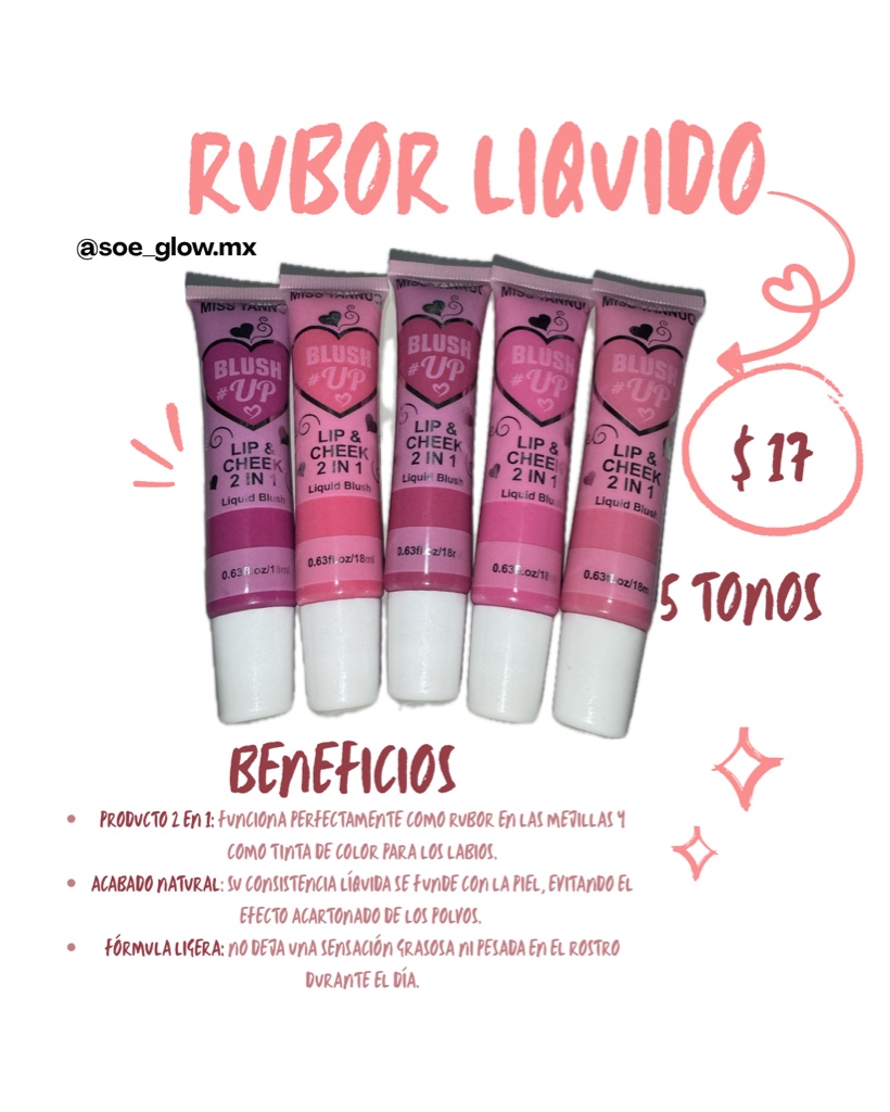 RUBOR LÍQUIDO 2 en 1 (5 tonos diferentes)