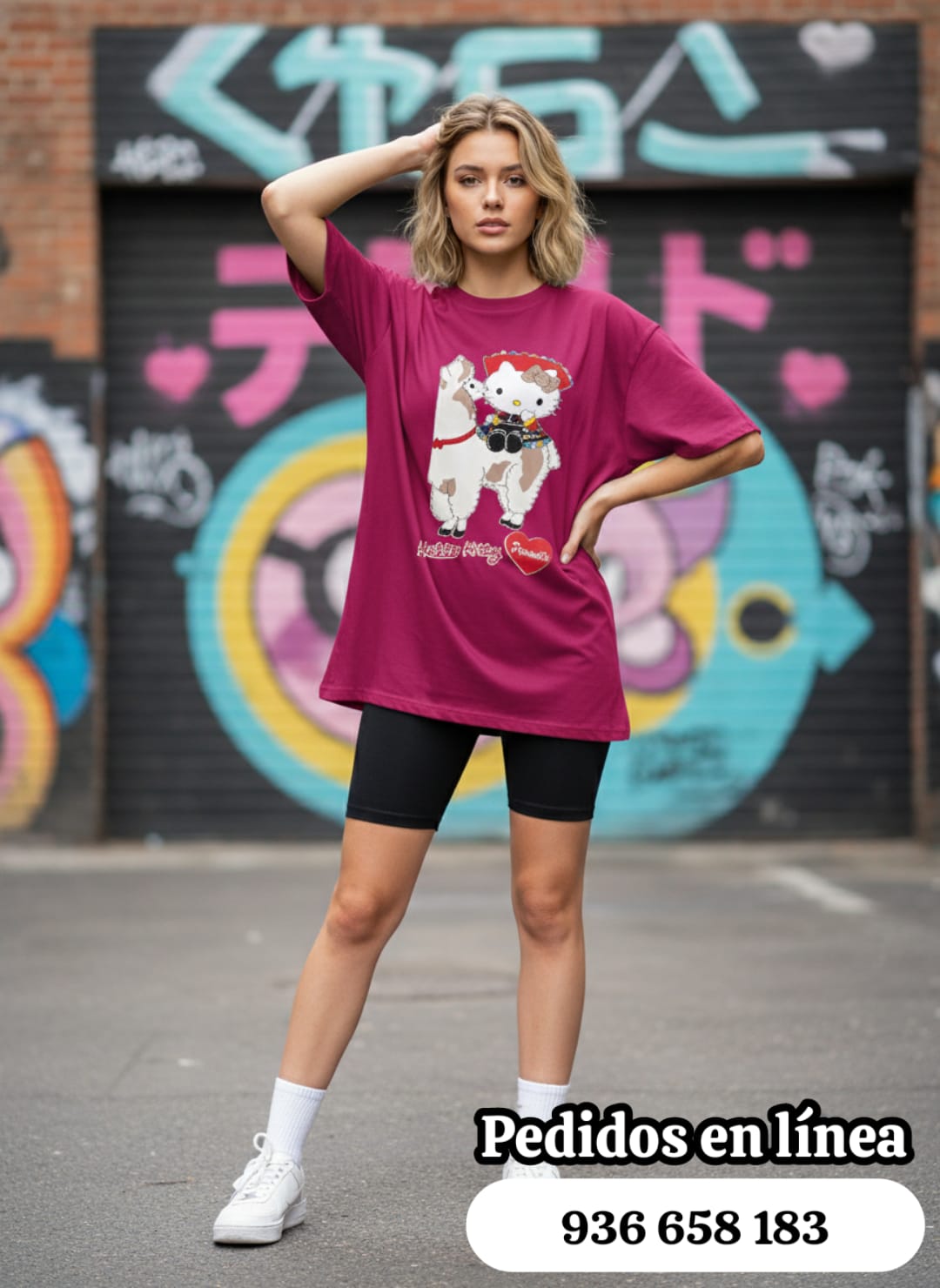 Camiseta oversized fucsia estampada Hello Kitty