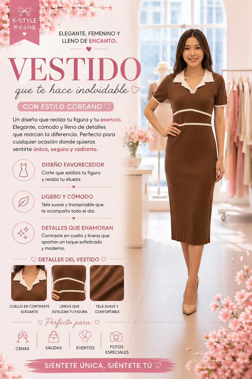 Vestido estilo coreano marrón con cuello en contraste
