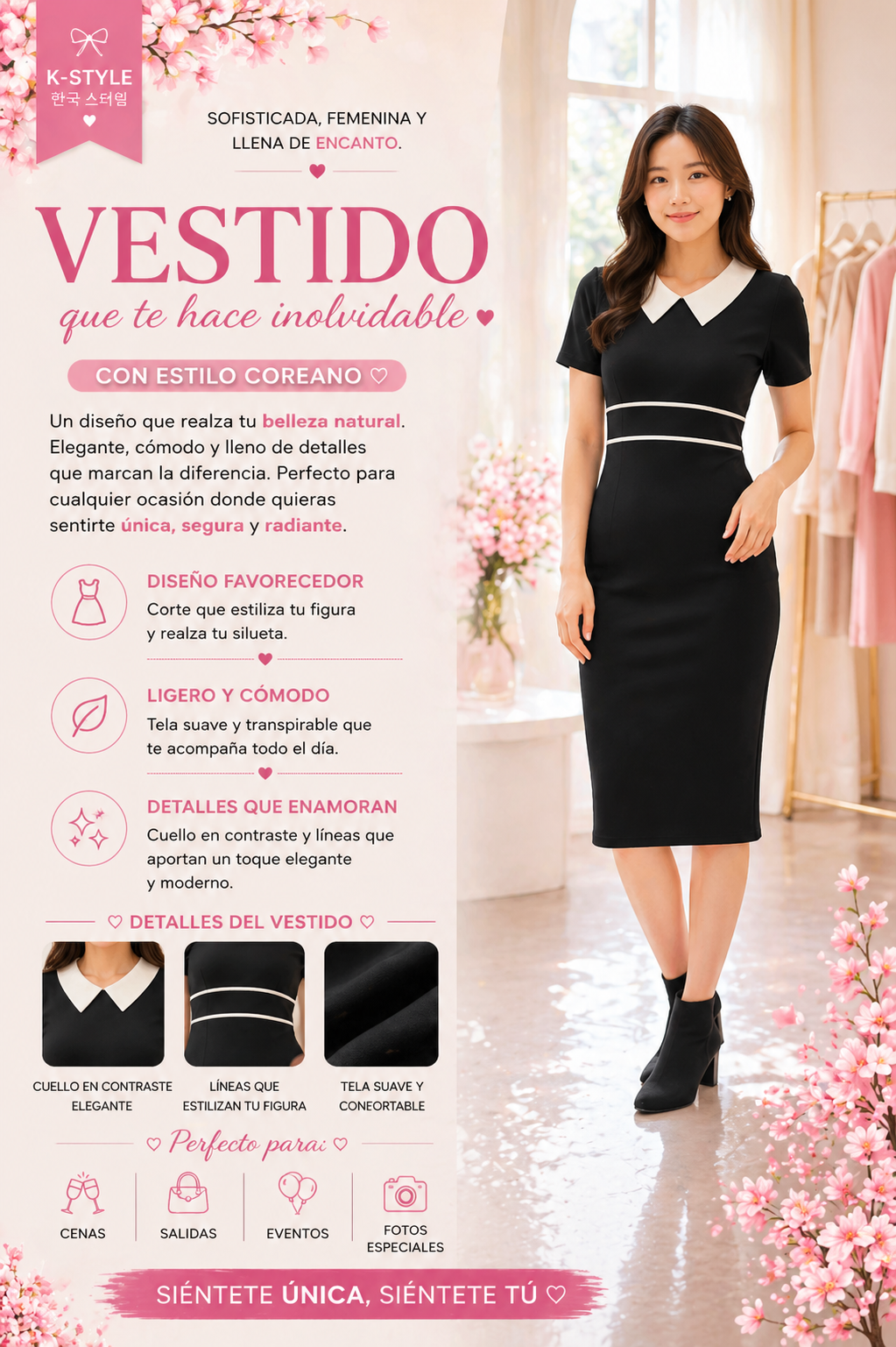 Vestido estilo coreano K-STYLE negro con cuello contrastante