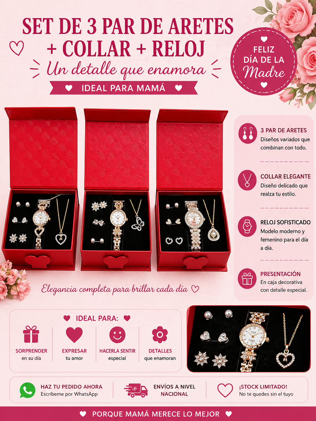 Set de 3 pares de aretes + collar + reloj