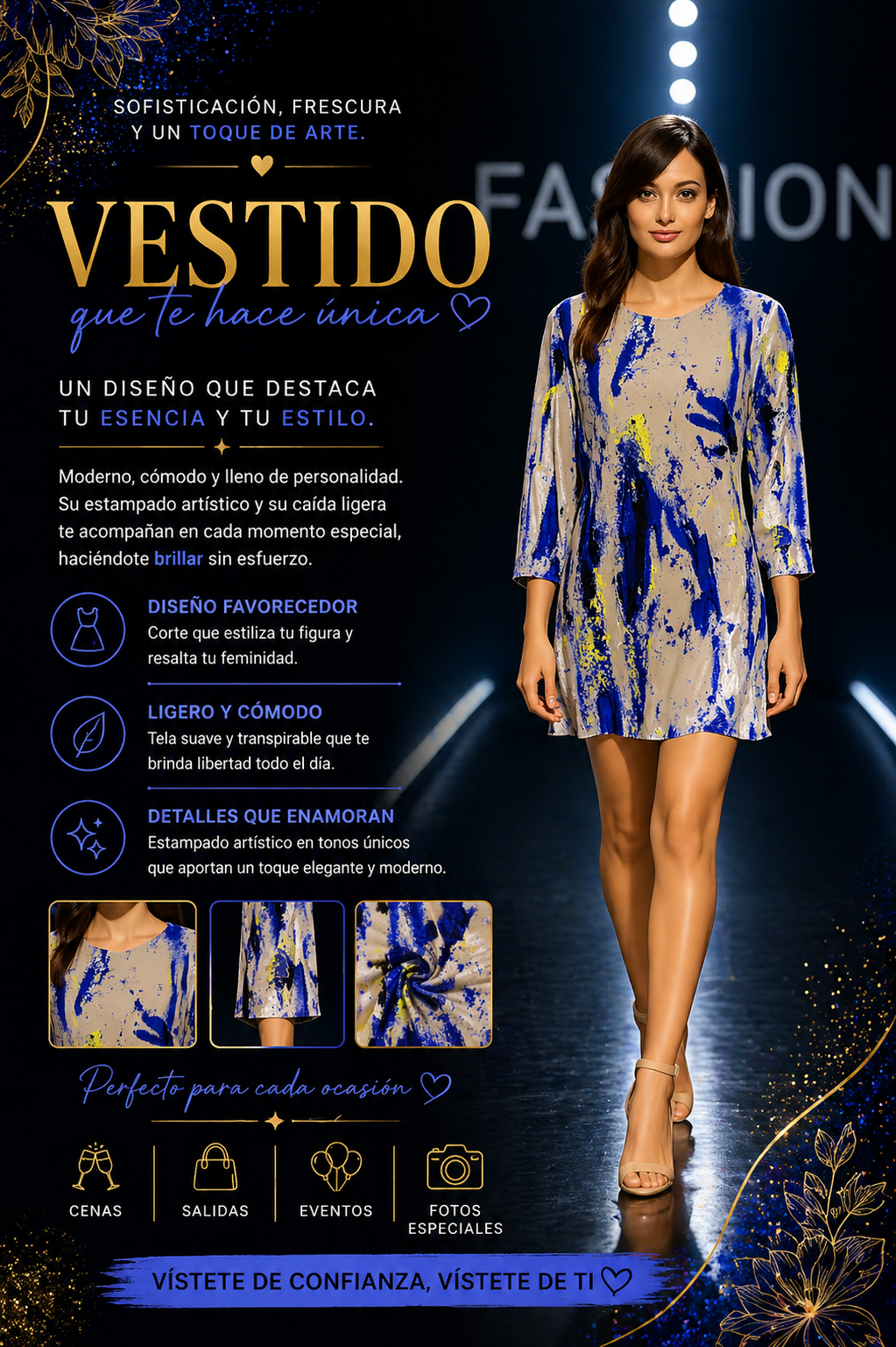 Vestido estampado artístico azul y beige
