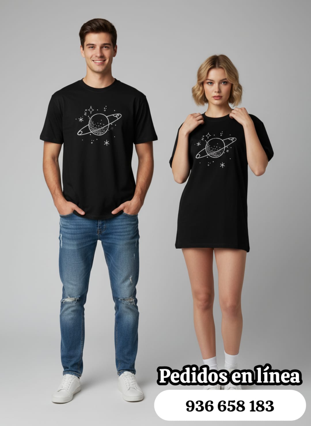 Camiseta negra estampada de planeta