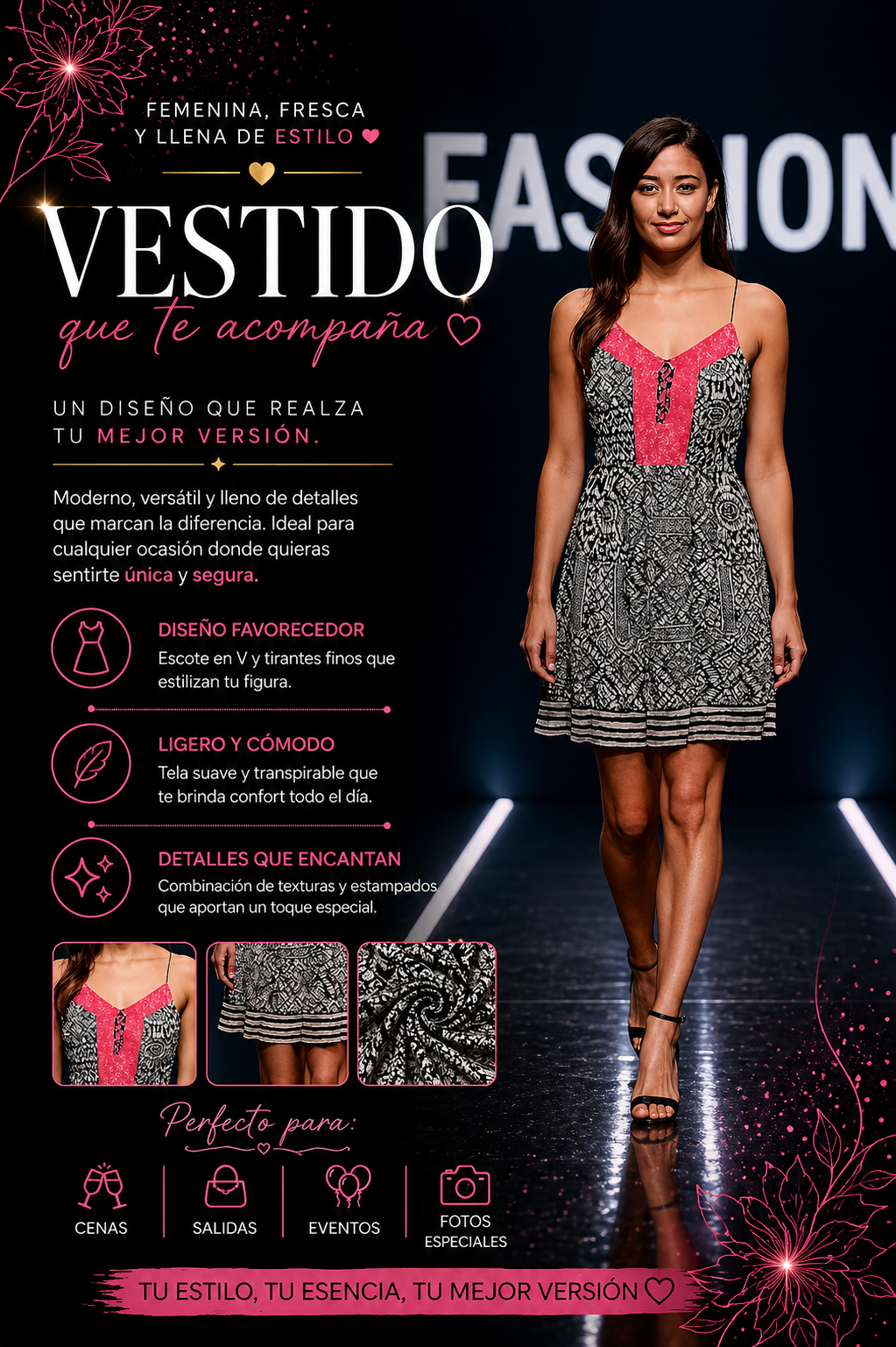 Vestido femenino estampado negro y rosa