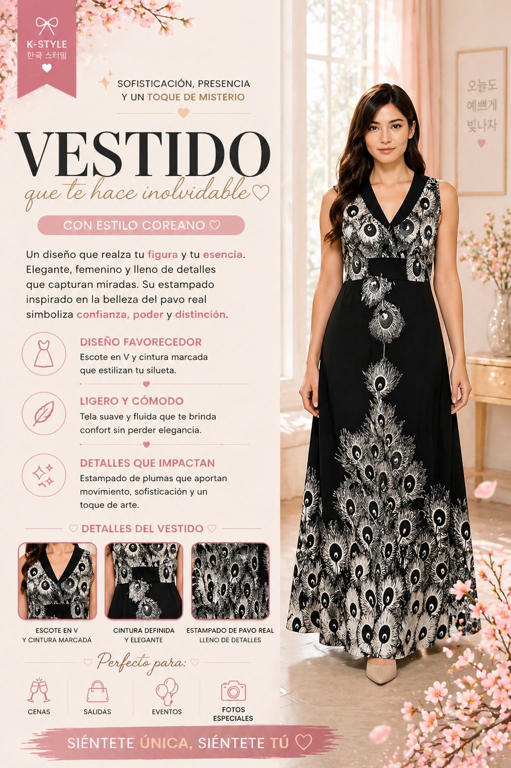 Vestido estilo coreano estampado de pavo real